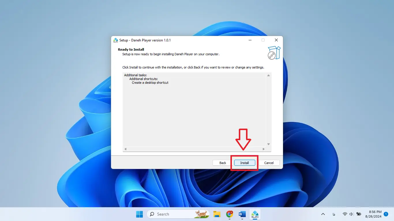  آموزش نصب نرم‌افزار دانه پلیر – کلیک روی Install برای آغاز نصب اصلی